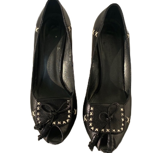 Juno New York loafer block heels peep toe black cream 8 - Picture 3 of 12